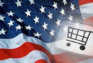 Прапор США з іконкою кошика для покупок — символ імпорту товарів до Америки