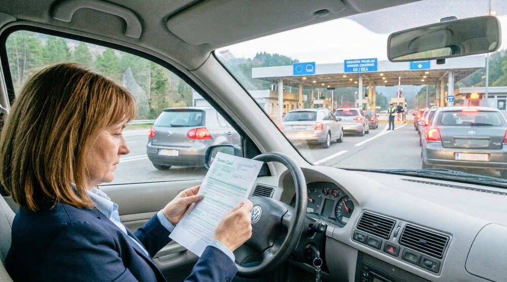 Черга легкових авто на пункті пропуску, водій тримає роздруковану грін карту на авто