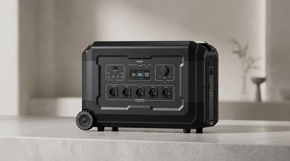 Портативна зарядна станція S3 3600W чорного кольору з колесами та п'ятьма розетками на передній панелі