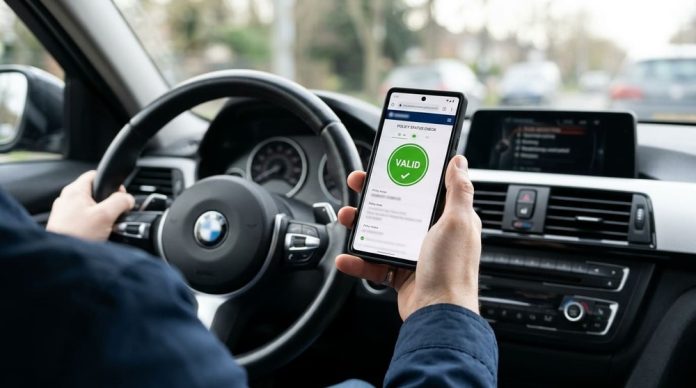 Водій у салоні авто перевіряє зелену карту за номером авто на смартфоні, на екрані статус чинного поліса